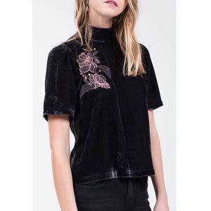 J.O.A. | Floral Embroidery Dark Gray Velvet Top